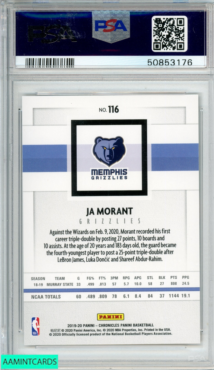 2019 PANINI CHRONICLES JA MORANT #116 ROOKIE RC GRIZZLIES PSA 10