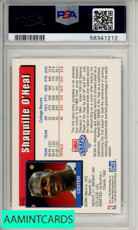 1992 HOOPS SHAQUILLE O NEAL #442 PSA 10 GEM MT RC 56341212 - AA