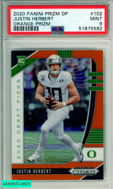 2020 PANINI PRIZM DRAFT PICKS JUSTIN HERBERT #102 ORANGE PRIZM RC PSA 9 MINT 51875582