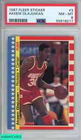 1987 FLEER STICKER AKEEM OLAJUWAN #3 HOUSTON ROCKETS PSA 8 NM-MT 55618217