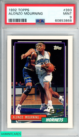 1992 TOPPS ALONZO MOURNING #393 ROOKIE RC CHARLOTTE HORNETS HOF PSA 9 MINT 60853868