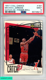 1997 COLLECTORS CHOICE MICHAEL JORDAN #187 CATCH 23-FINGER ROLL PSA 9 MINT 60748212