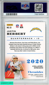 2020 PANINI CHRONICLES JUSTIN HERBERT #53 ROOKIE RC CHARGERS PSA 10 GEM MT 74918054