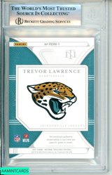 2021 NATIONAL TRASURES ROOKIE DUAL MATERIALS PLATINUM #1 TREVOR LAWRENCE BGS 8.5 0014438650