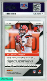 2018 PANINI PRIZM BAKER MAYFIELD #201 LT BLUE PRIZM DIE-CUT 189 OF 199 RC PSA 10 43523187
