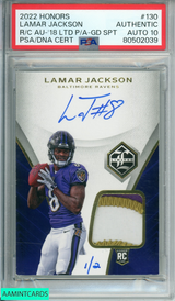 2022 PANINI HONORS REC COLL AUTO LAMAR JACKSON #130 RC 18 GOLD PSA AUTH AUTO 10 80502039