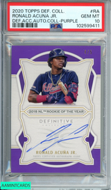 2020 TOPPS DEF COLL RONALD ACUNA JR #RA DEF ACC AUTO COLL-PURPLE 4 OF 5 PSA 10 102599411