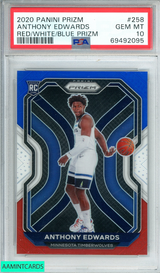 2020 PANINI PRIZM ANTHONY EDWARDS #258 RED WHITE BLUE PRIZM RC PSA 10 GEM MT 69492095
