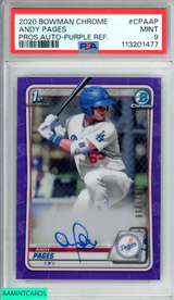 2020 BOWMAN CHROME PROSPECT AUTO ANDY PAGES #CPAAP PURPLE 92 OF 250 1ST RC PSA 9 113201477