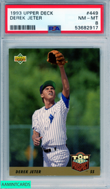 1993 UPPER DECK DEREK JETER #449 ROOKIE HOF NEW YORK YANKEES RC PSA 8 NM-MT 53682917 1993 UPPER DECK DEREK JETER #449 ROOKIE HOF NEW YORK YANKEES RC PSA 8 NM-MT 53682917