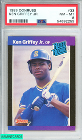 1989 DONRUSS KEN GRIFFEY JR  #33 SEATTLE MARINERS ROOKIE RC PSA 8 NM-MT 54692259 1989 DONRUSS KEN GRIFFEY JR  #33 SEATTLE MARINERS ROOKIE RC PSA 8 NM-MT 54692259