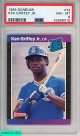 1989 DONRUSS KEN GRIFFEY JR #33 ROOKIE HOF SEATTLE MARINERS RC PSA 8 NM-MT 52868015 1989 DONRUSS KEN GRIFFEY JR #33 ROOKIE HOF SEATTLE MARINERS RC PSA 8 NM-MT 52868015