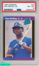 1989 DONRUSS KEN GRIFFEY JR #33 ROOKIE HOF SEATTLE MARINERS RC PSA 8 NM-MT 52868020 1989 DONRUSS KEN GRIFFEY JR #33 ROOKIE HOF SEATTLE MARINERS RC PSA 8 NM-MT 52868020