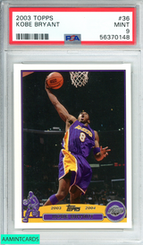 2003 TOPPS KOBE BRYANT #36 LOS ANGELES LAKERS MAMBA HOF!! PSA 9 MINT 56370148 2003 TOPPS KOBE BRYANT #36 LOS ANGELES LAKERS MAMBA HOF!! PSA 9 MINT 56370148