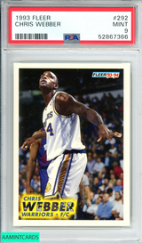 1993 FLEER CHRIS WEBBER #292 GOLDEN STATE WARRIORS ROOKIE RC PSA 9 MINT 52867366 1993 FLEER CHRIS WEBBER #292 GOLDEN STATE WARRIORS ROOKIE RC PSA 9 MINT 52867366