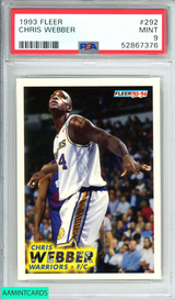 1993 FLEER CHRIS WEBBER #292 GOLDEN STATE WARRIORS ROOKIE RC PSA 9 MINT 52867376 1993 FLEER CHRIS WEBBER #292 GOLDEN STATE WARRIORS ROOKIE RC PSA 9 MINT 52867376