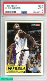 1993 FLEER CHRIS WEBBER #292 GOLDEN STATE WARRIORS ROOKIE RC PSA 9 MINT 52867375 1993 FLEER CHRIS WEBBER #292 GOLDEN STATE WARRIORS ROOKIE RC PSA 9 MINT 52867375