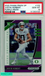 2020 PANINI PRIZM DRAFT PICKS JUSTIN HERBERT #102 PURPLE PRIZM RC PSA 10 GEM MT 51393725