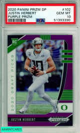 2020 PANINI PRIZM DRAFT PICKS JUSTIN HERBERT #102 PURPLE PRIZM RC PSA 10 GEM MT 51393390