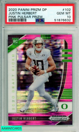 2020 PANINI PRIZM DP JUSTIN HERBERT #102 PINK PULSAR PRIZM ROOKIE PSA 10 GEM MT 51876632 2020 PANINI PRIZM DP JUSTIN HERBERT #102 PINK PULSAR PRIZM ROOKIE PSA 10 GEM MT 51876632