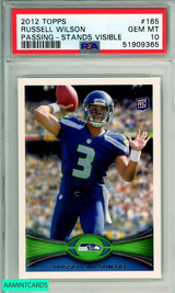 2012 TOPPS RUSSELL WILSON #165 PASSING-STANDS VISIBLE RC SEAHAWKS PSA 10 GEM MT 51909365 2012 TOPPS RUSSELL WILSON #165 PASSING-STANDS VISIBLE RC SEAHAWKS PSA 10 GEM MT 51909365