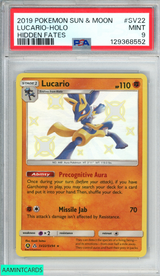 2019 POKEMON SUN AND MOON HIDDEN FATES LUCARIO HOLO #SV22 PSA 9 MINT 129368552