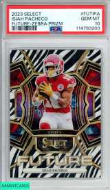 2023 PANINI SELECT FUTURE ISIAH PACHECO #FUTIPA ZEBRA PRIZM ROOKIE RC PSA 10 114783203