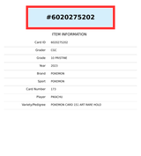 2023 POKEMON JP 151 PIKACHU #173 AR HOLO CGC 10 PRISTINE 6020275202