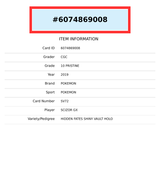 2019 POKEMON HIDDEN FATES SCIZOR GX #SV72 SHINY VAULT HOLO CGC 10 6074869008