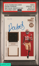 2019 PANINI ENCASED ROOKIE DUAL SWATCH AUTO DEEBO SAMUEL 23 OF 50 PSA 10 AUTO 10 82361698