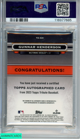 2023 TOPPS TRIBUTE GUNNAR HENDERSON #TAGH AUTOGRAPH 125 OF 199 ROOKIE RC PSA 9 116977685