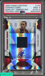 2009 CERTIFIED STEPHEN CURRY #176 AUTO JERSEY MIRROR RED 13 OF 100 RC PSA 9 AU 9 63544529