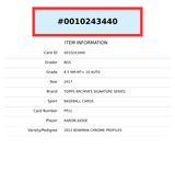 2017 ARCHIVES SIG SER AARON JUDGE 2015 BOWMAN CHR PROFILES OF 18 BGS 8.5 AUTO 10 0010243440