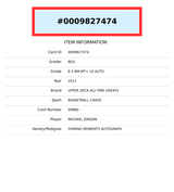 2012 UD ALL-TIME GREATS SHINING MOMENTS AUTO MICHAEL JORDAN 10 OF 10 BGS 8.5 0009827474