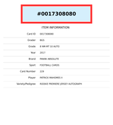 2017 ABSOLUTE ROOKIE PREMIERE JERSEY AUTO PATRICK MAHOMES #229 OF 149 BGS 9 AU10 0017308080