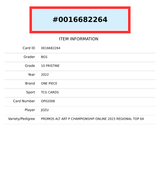 2022-24 ONE PIECE PROMOS #OP02008 JOZU ALT ART P CHAMP TOP 64 BGS 10 PRISTINE 0016682264