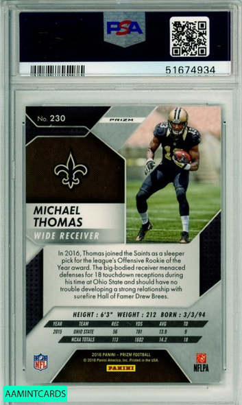 2016 PANINI PRIZM MICHAEL THOMAS #230 PRIZM ROOKIE SAINTS PSA MINT 9 51674934