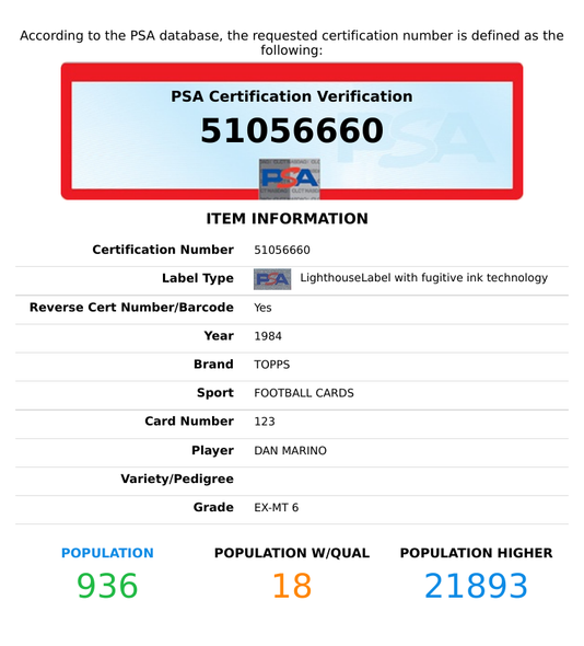 1984 TOPPS DAN MARINO #123 ROOKIE MIAMI DOLPHINS HOF PSA EX-MT 6 51056660