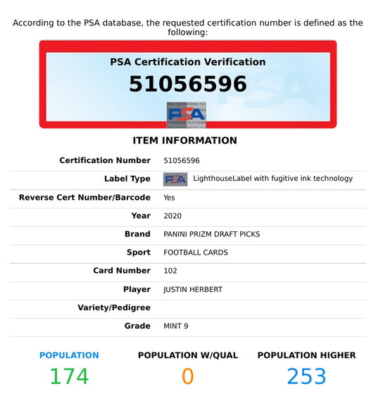 2020 PANINI PRIZM DP JUSTIN HERBERT #102 LA CHARGERS ROOKIE RC PSA 9 MINT 51056596