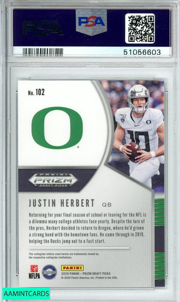 2020 PANINI PRIZM DP JUSTIN HERBERT #102 L A CHARGERS ROOKIE RC PSA 9 MINT 51056603