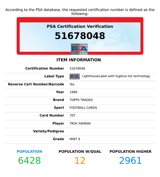1989 TOPPS TRADED TROY AIKMAN #70T ROOKIE DALLAS COWBOYS HOF PSA MINT 9 51678048