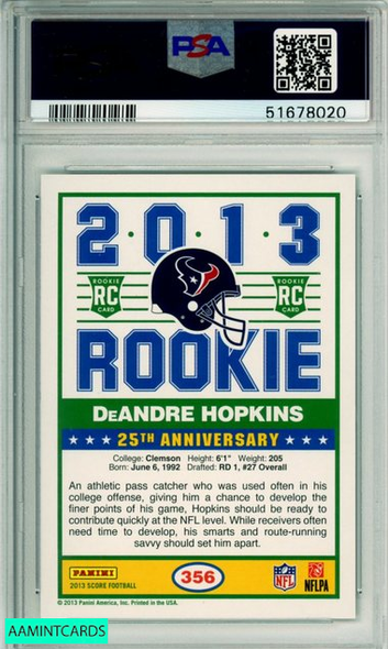 2013 PANINI SCORE DEANDRE HOPKINS #356 ROOKIE HOUSTON TEXANS PSA NM-MT 8 51678020