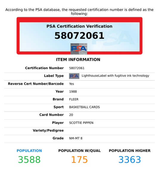 1988 FLEER SCOTTIE PIPPEN #20 ROOKIE HOF CHICAGO BULLS PSA NM-MT 8 58072061