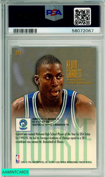 1995 ULTRA KEVIN GARNETT #274 ROOKIE HOF MINNESOTA TIMBERWOLVES PSA MINT 9 58072067