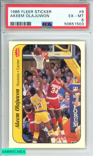 1986 FLEER STICKER AKEEM OLAJUWON #9 HOUSTON ROCKETS ROOKIE RC PSA 6 EX-MT 50651503