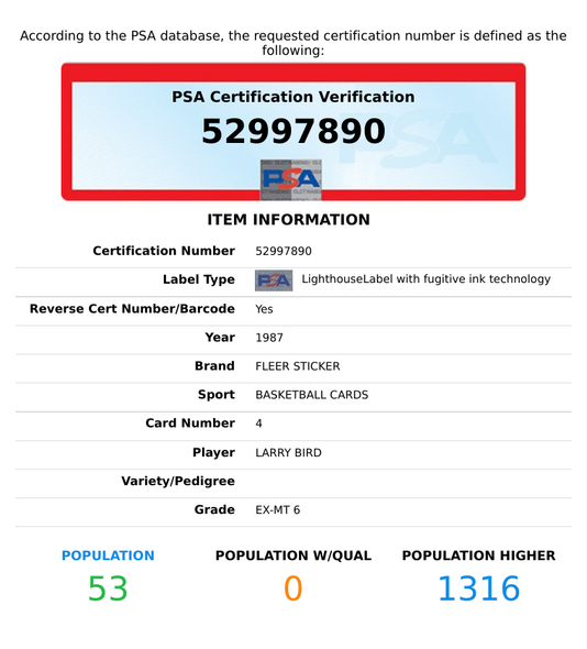 1987 FLEER STICKER LARRY BIRD #4 PSA 6 EX-MT 52997890