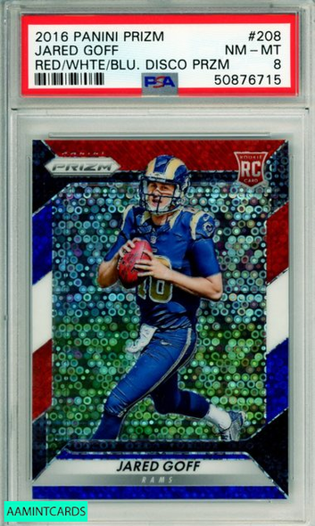 2016 PANINI PRIZM JARED GOFF #208 RED WHITE BLUE DISCO PRIZM ROOKIE PSA 8 NM-MT 50876715