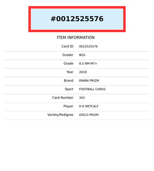 2019 PANINI PRIZM D. K. METCALF #343 PRIZMS DISCO SEAHAWKS ROOKIE RC BGS 8.5 0012525576