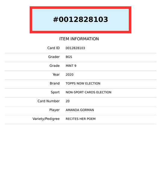 2020-21 TOPPS NOW ELECTION AMANDA GORMAN #20 RECITES HER POEM BGS 9 MINT 0012828103