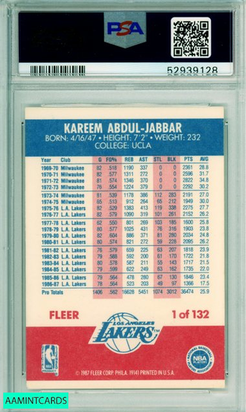 1987 FLEER KAREEM ABDUL-JABBAR #1 HOF LOS ANGELES LAKERS PSA 6 EX-MT 52939128